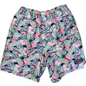 Vineyard Vines Men’s a happy Swim Trunks Pink Blue Flowers and Guitars Size Sm